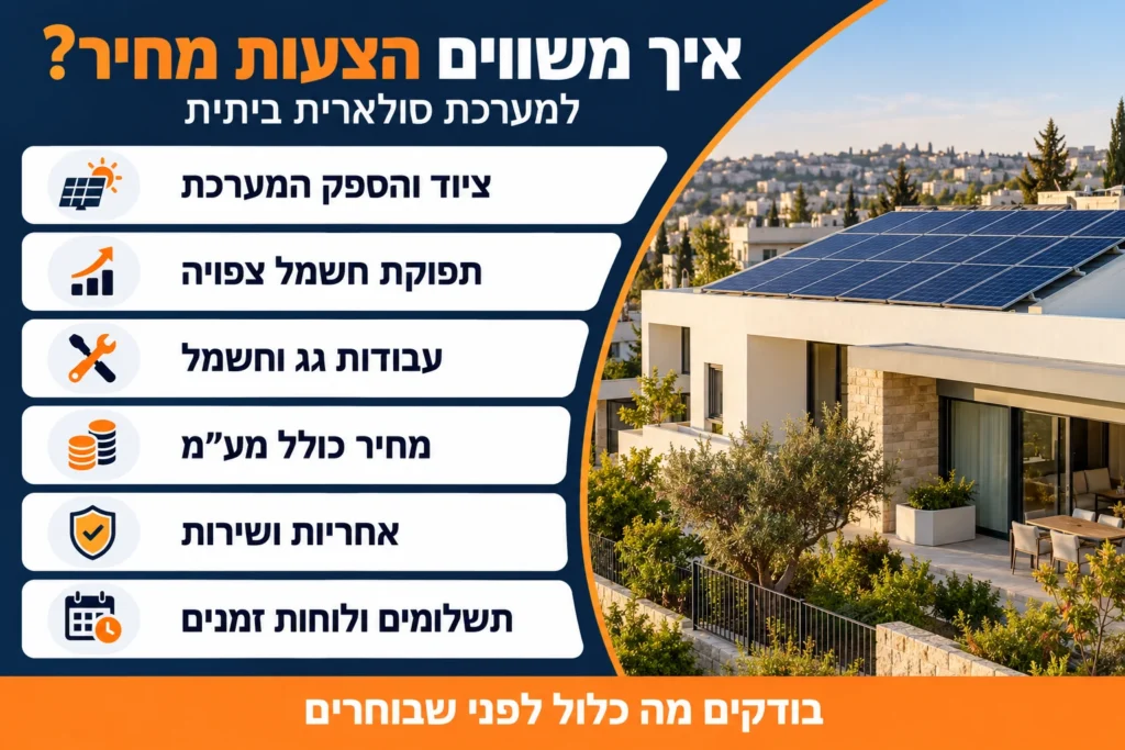 שישה נושאים להשוואת הצעות למערכת סולארית: ציוד והספק, תפוקה, עבודות גג וחשמל, מחיר כולל מע״מ, אחריות ותשלומים