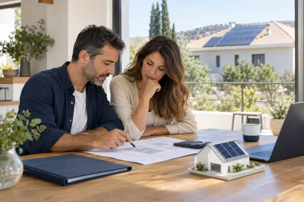 בני זוג בוחנים תכנית גג ועלויות למערכת סולארית ביתית